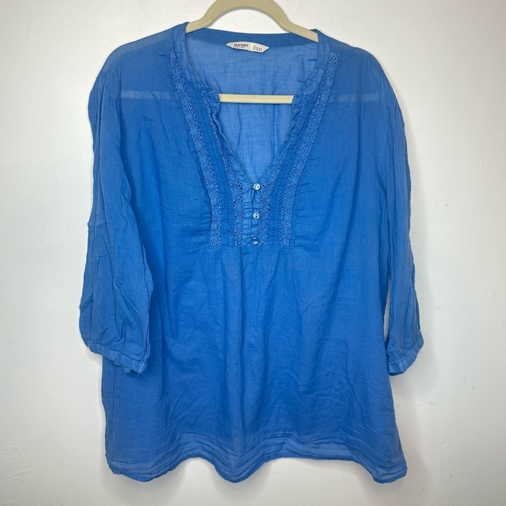 Old Navy Blue Lightweight 3/4 Sleeve Blouse XXL Buttons And Crochet Design